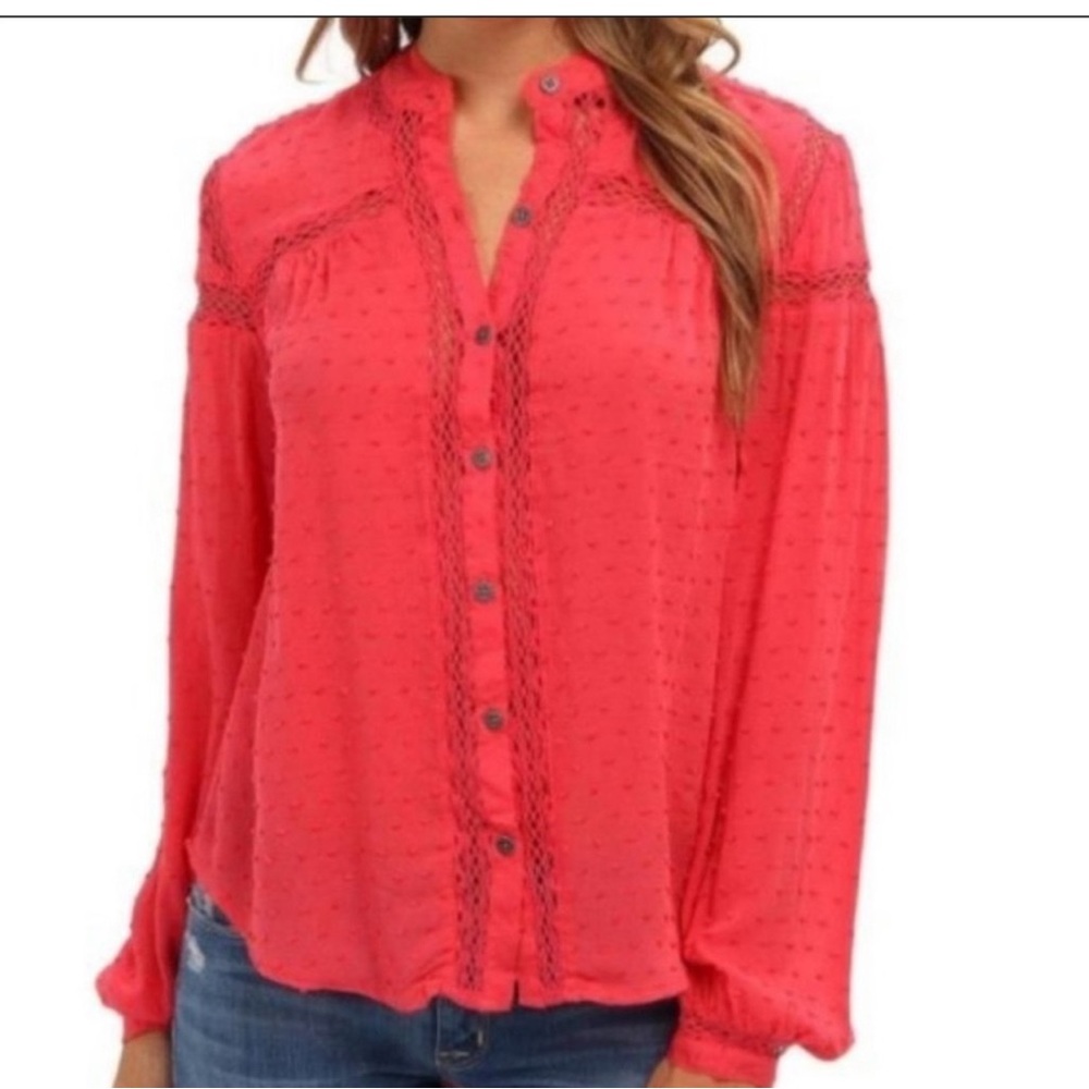 Free People Everyday Girl Swiss Dot Embroidered Button Down Shirt Red XS
